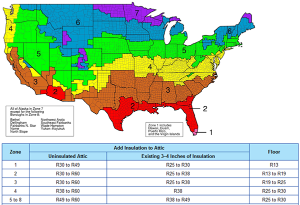 Map of U.S. showing R-values by region.